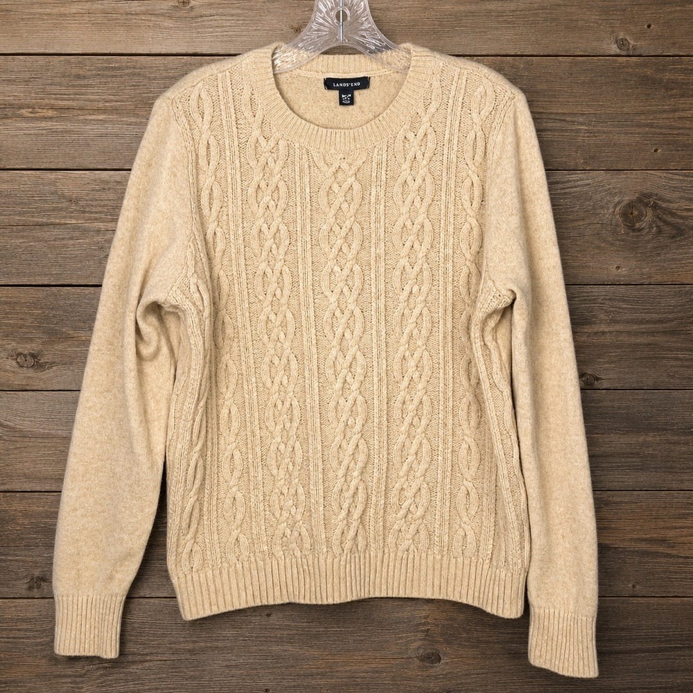 Lands End Cotton Wool Cable Knit Sweater Size M Petite Fisherman Neutral Classic - Picture 2 of 7